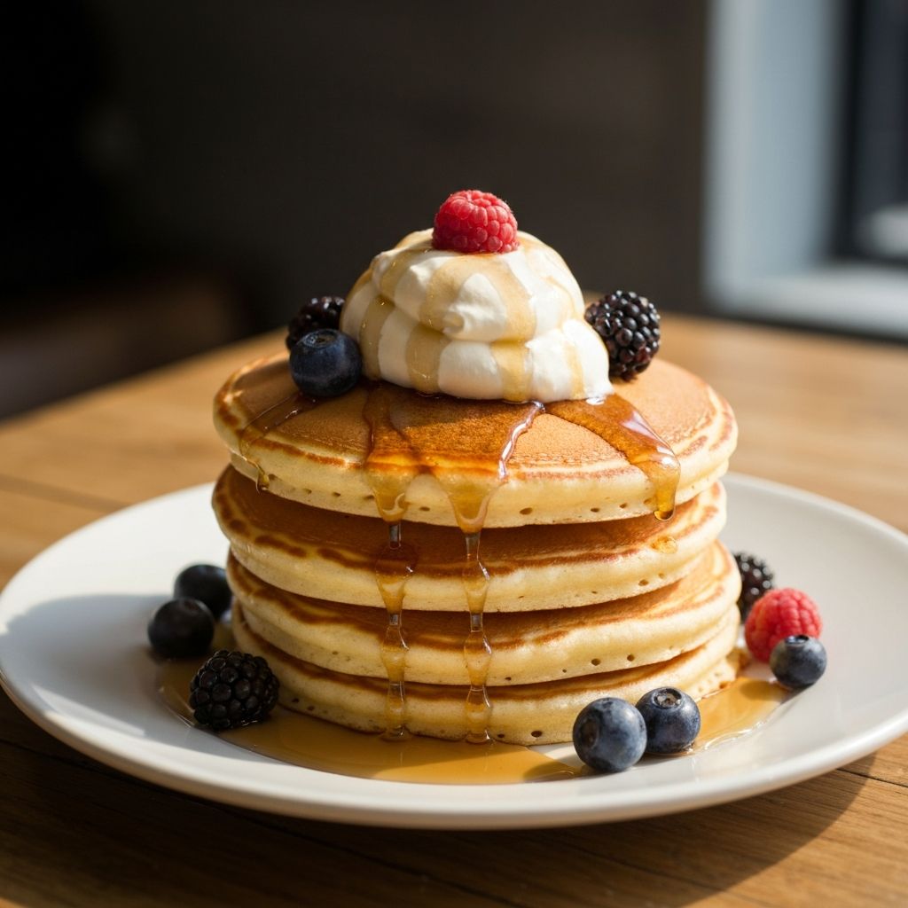 Stack of golden pancakes with fresh berries and maple syrup