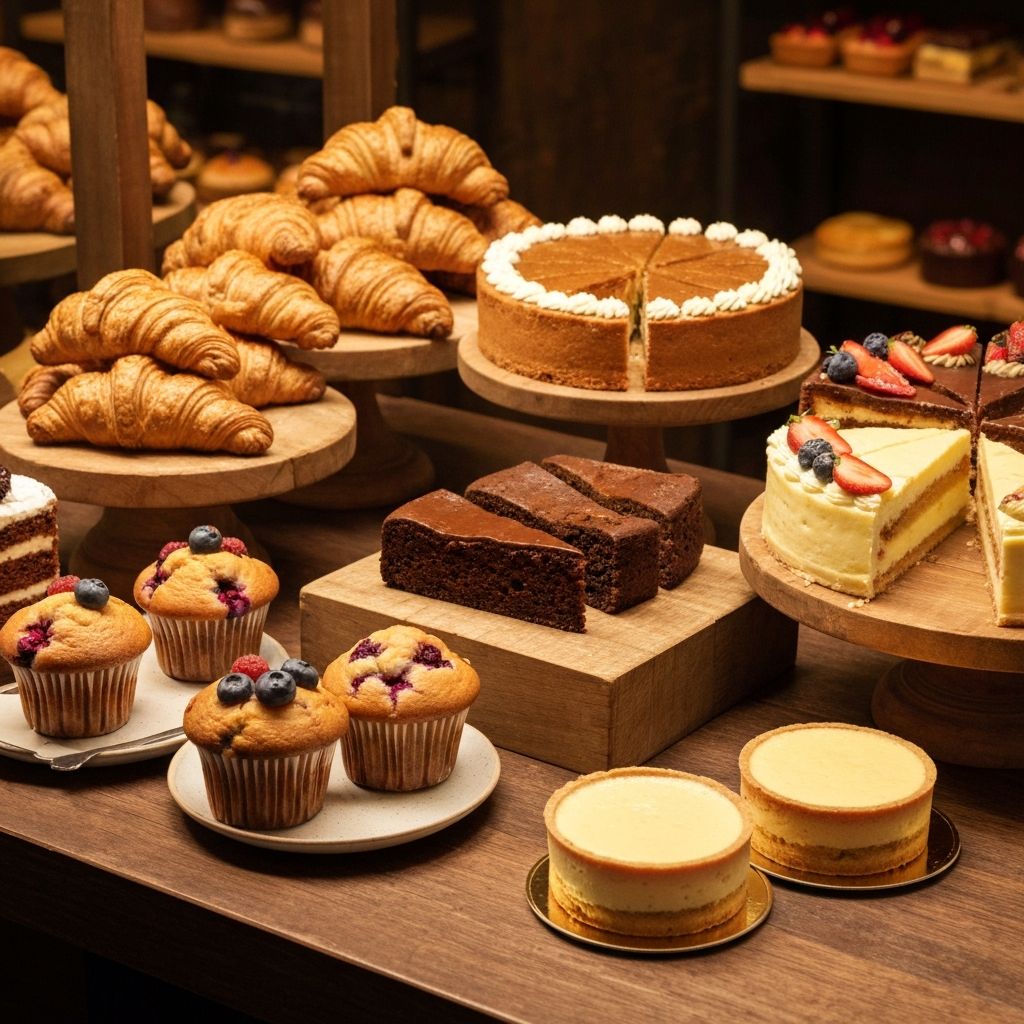 Assortment of freshly baked cakes, pastries and croissants on a display stand