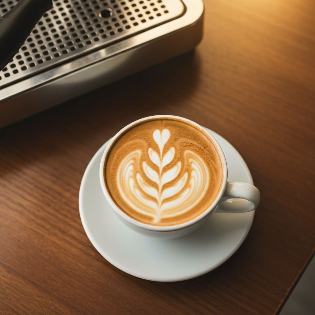 A perfectly crafted latte with latte art in a white ceramic cup