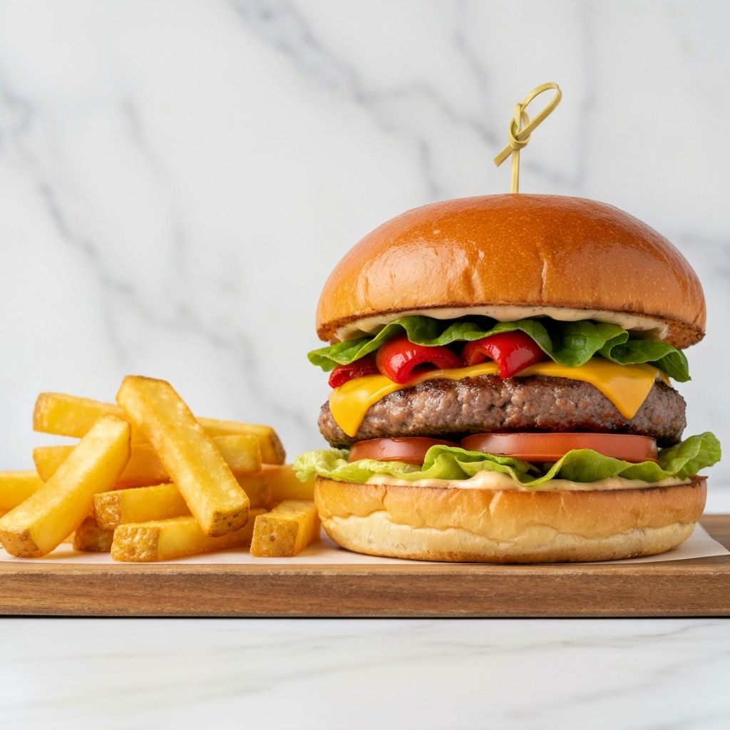 Gourmet cafe burger with fresh toppings served on a wooden board